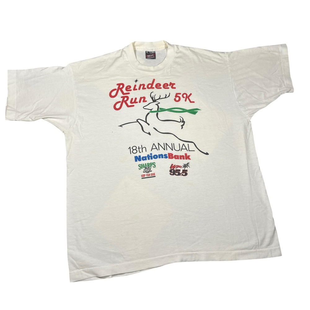 Vintage Best Fruit of the Loom Reindeer Run 5K T Shirt XL White NationsBank 90s